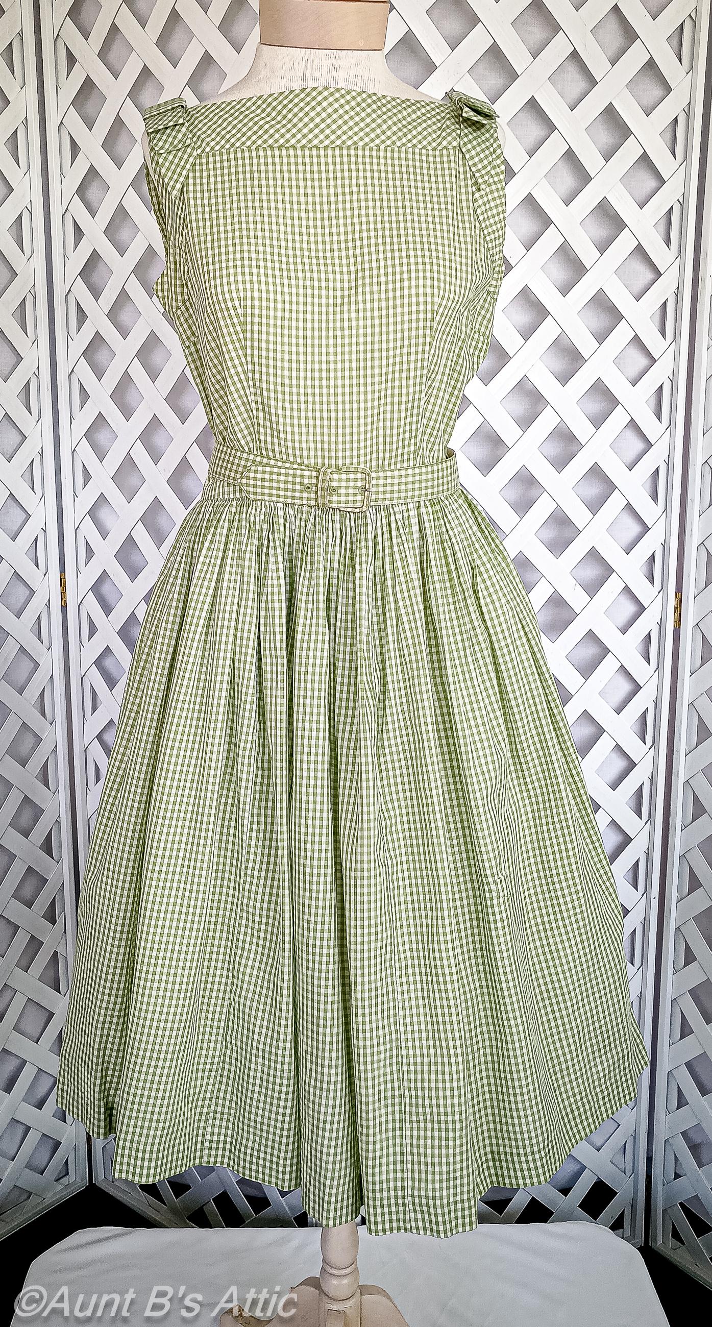 Sweet Summer Vintage 50's Green Check Sleeveless Cotton Shirtwaist Dress With Original Matching Belt Medium
