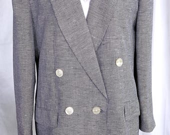 Vintage 80s Giorgio Sant'Angelo Leinen/Rayon Blazer: Zweireihiger Schwarz/Weißer Hahnentritt Blazer Größe 12