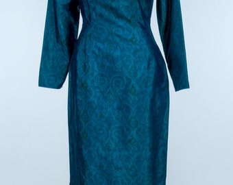 Beautiful Rare Vintage 60's Bl/Gr Print Asian Chinese Cheongsam Qipao Dress XS
