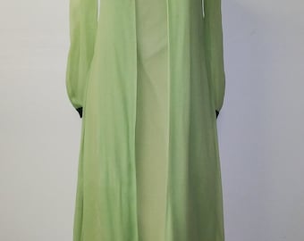 Holiday Formal Vintage 60's-70's Maxi Dress Celadon Green Georgette Over Acetate & Velvet Small