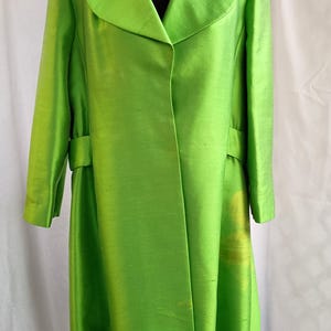 Vintage Spring Handmade Silk Bright Lime Green Snap Front Wide Collar Coat M/L