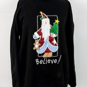 Christmas Themed Ladies Vintage 80&#39;s  Black Fleece Mock Turtleneck Top 14/16
