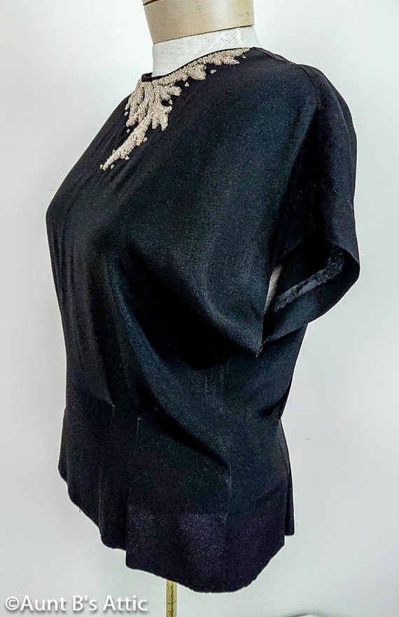 Vintage 40's Crepe Blouse Black Drop Sleeve Back … - image 4