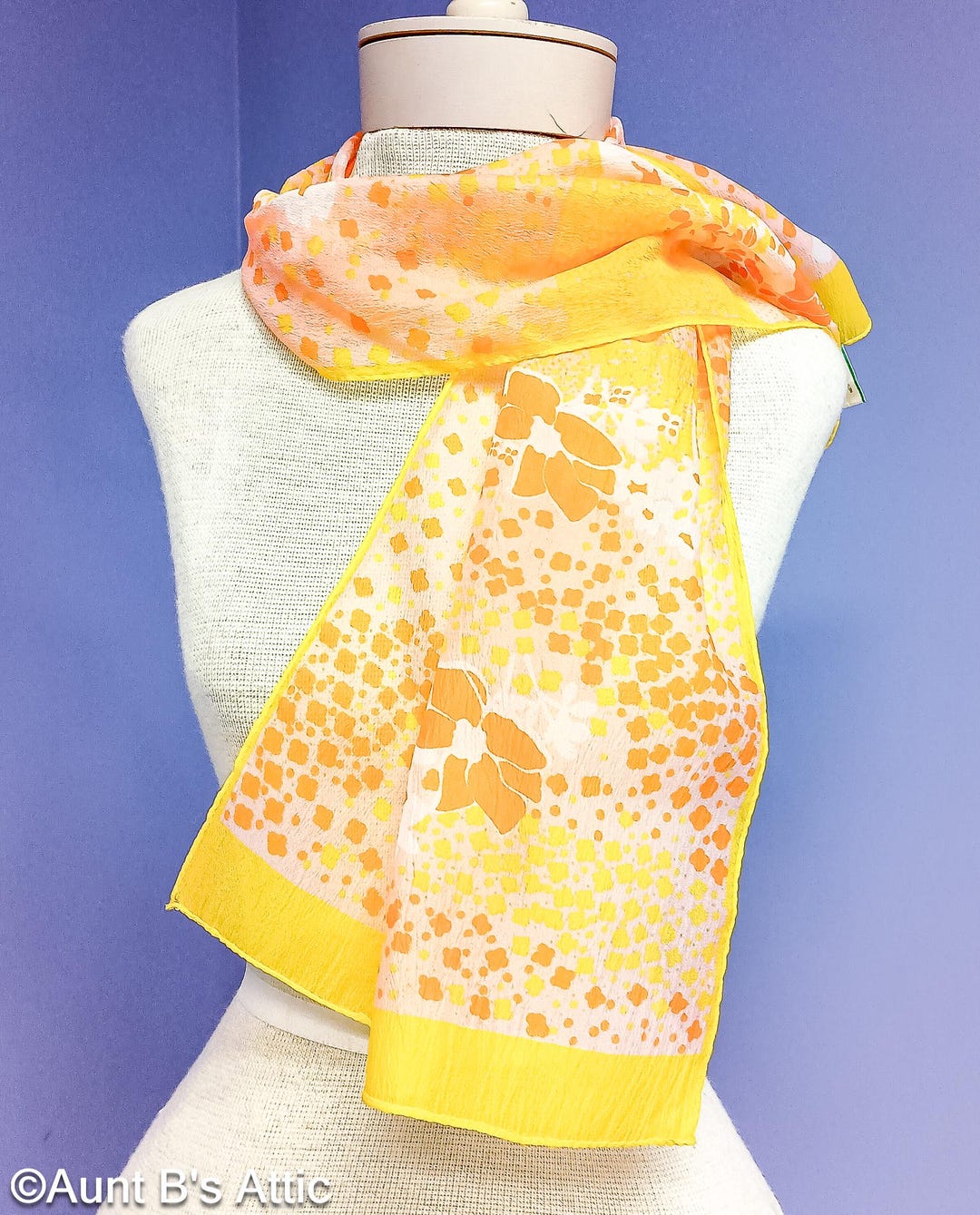 Vintage 60s Floral Nylon Scarf - Morsly of NY - Orange Yellow