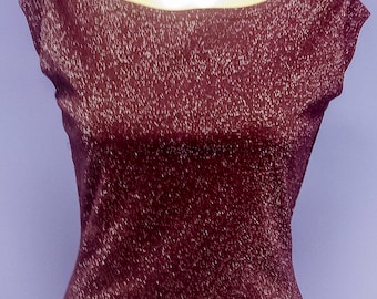 Y2K Sparkle Strick Top: Burgundy Lurex Flügelärmel, Grösse S