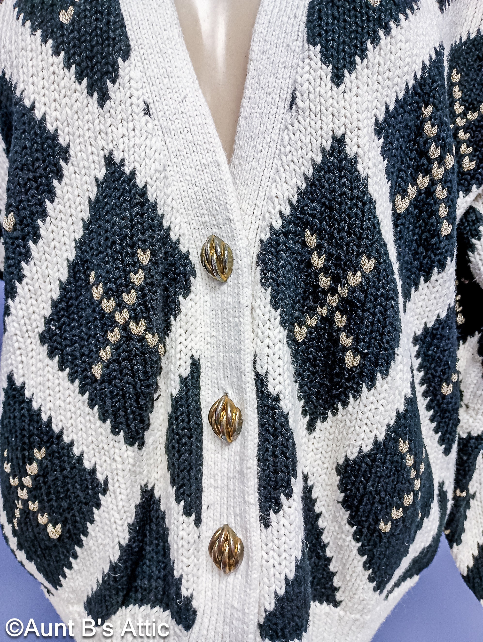 Vintage 90s Argyle Cardigan Sweater: Black & White Cotton Blend 