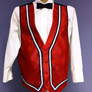 Patriotic Vest & Bow Tie R/W/B Men's Full Back Hand Decorated 4 Button Vest Lg Long