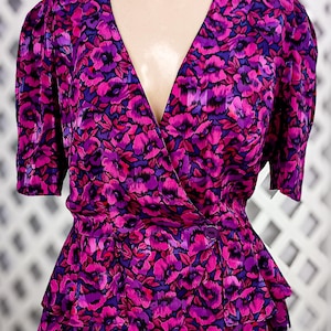 Vintage 80&#39;s Blouse Jonathan Martin Pink/Purple Floral 40&#39;s Look Peplum Blouse Small