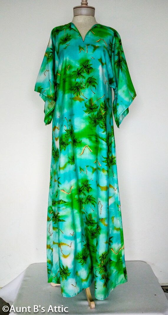 Vintage Handmade Hawaiian Maxi Dress Gr/Bl Palm T… - image 2