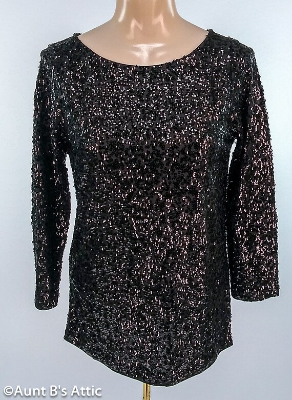 Holiday special Occasion Vintage 90 s 2000 s J Crew Black Sequin Cotton Stretch Sparkle Top XS Etsy