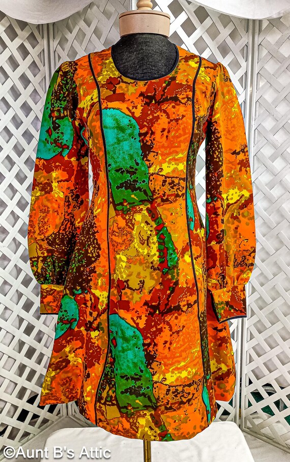 Vintage 70s Abstract Print Mini Dress: Handmade Long Sleeve Fitted Dress  (SM) - Etsy