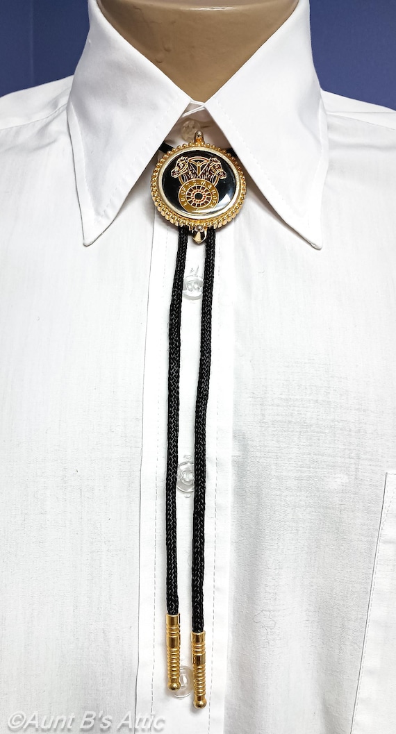 Vintage Teamsters Union Emblem Bolo Tie 1.75" Gold Metal Frame Black Cord With Gold Tone Aglets Union Workers Tie