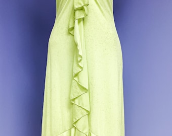 Vintage Y2K Pale Green Sparkle Dress: Gerüschter Riemchen asymmetrischer Saum