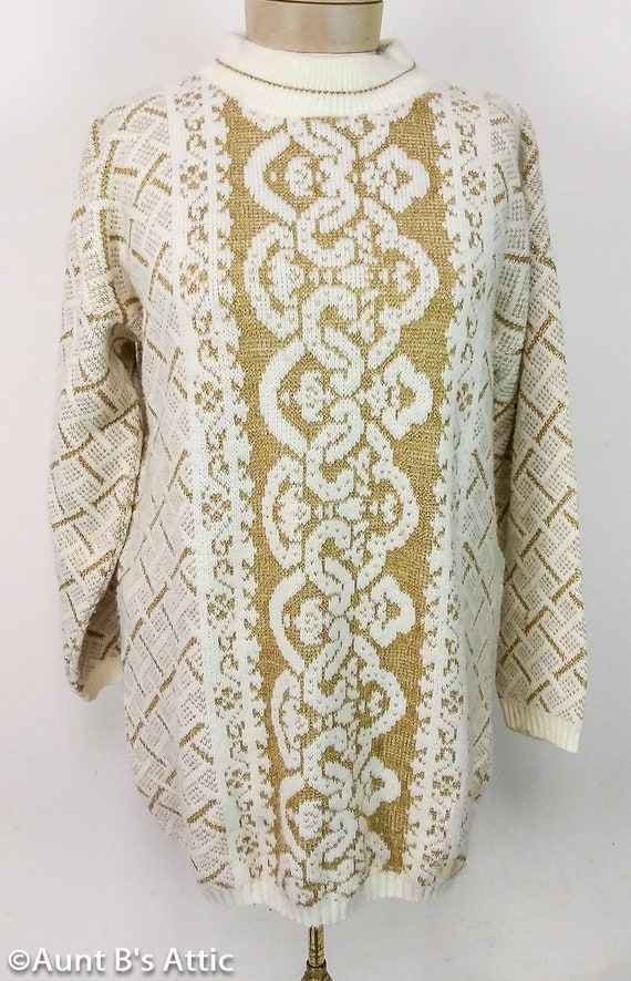 Sweater Ladies Vtg 80's Dana Scott Pullover Wht/Gd