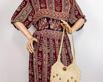 Bohemian Style Vintage 80&#39;s M.P.G. Burgundy Multi Indian Print Dress With Beading Plus