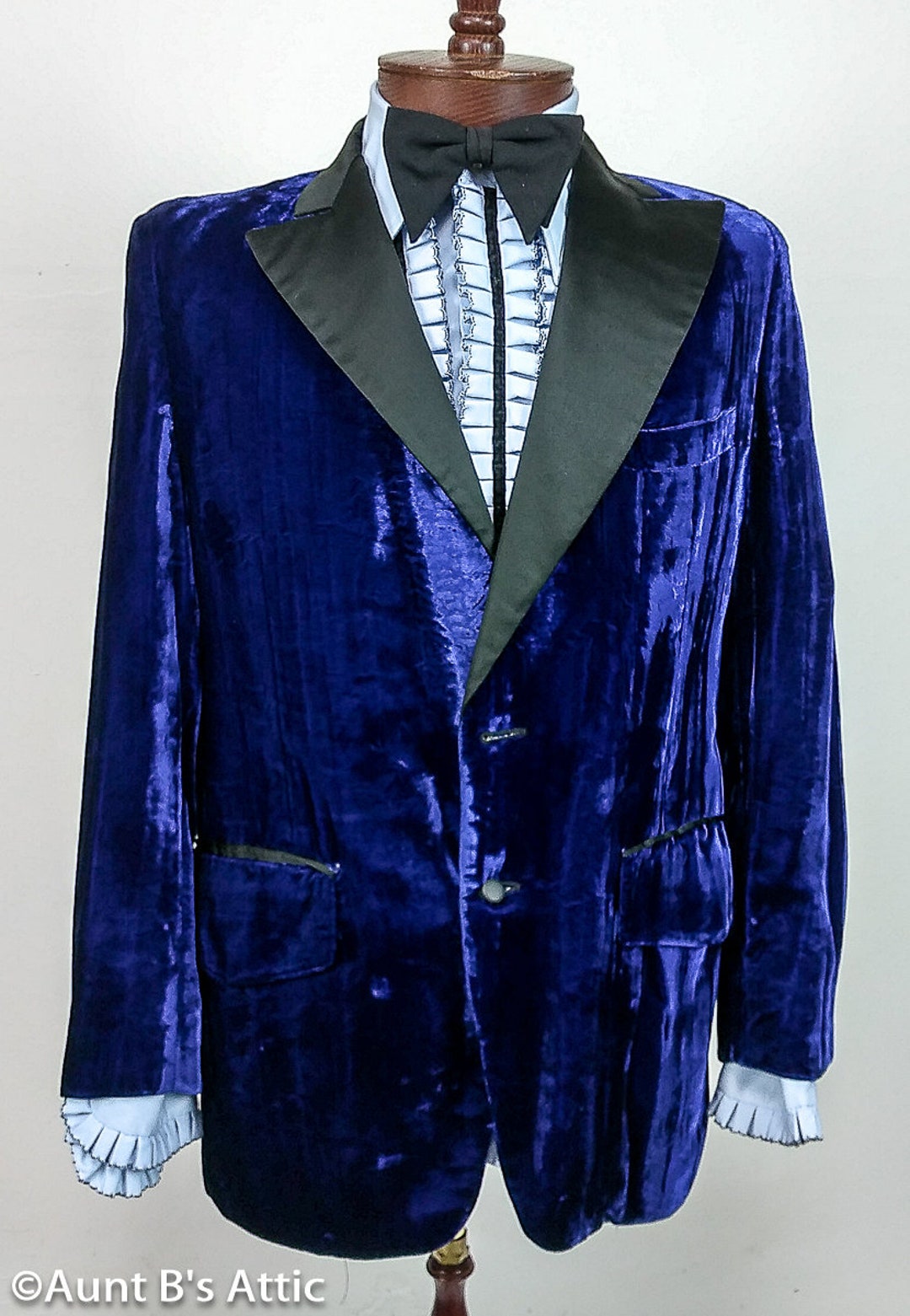 Vintage 70's Prom Wedding Formal Tuxedo Coat Lush Dark Blue Velvet