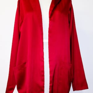 Blazer Vintage 80&#39;s Avon Red Poly Satin Open Front 2 Pocket Unlined Jacket 11/12