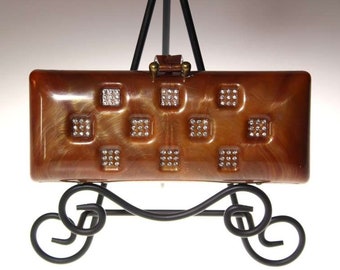 Vintage 50's Ilene Lucite Clutch Purse Amber Tortoiseshell Color Fully Lined With Rhinestones