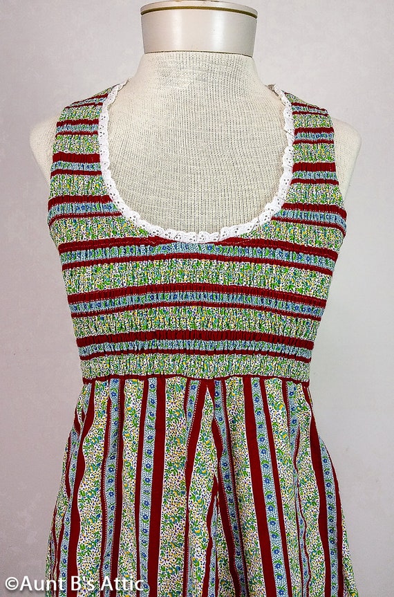 Vintage 70's Sundress Red/Blue/Green Stripe Pliss… - image 2