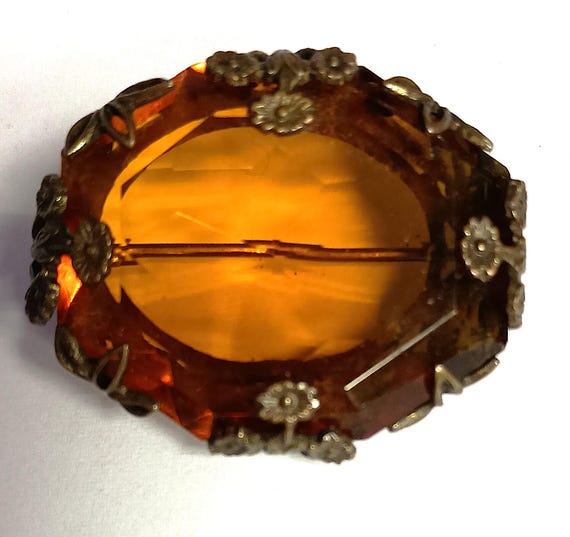 Vintage Art Nouveau Brooch, Floral Brass & Czech Amber Glass