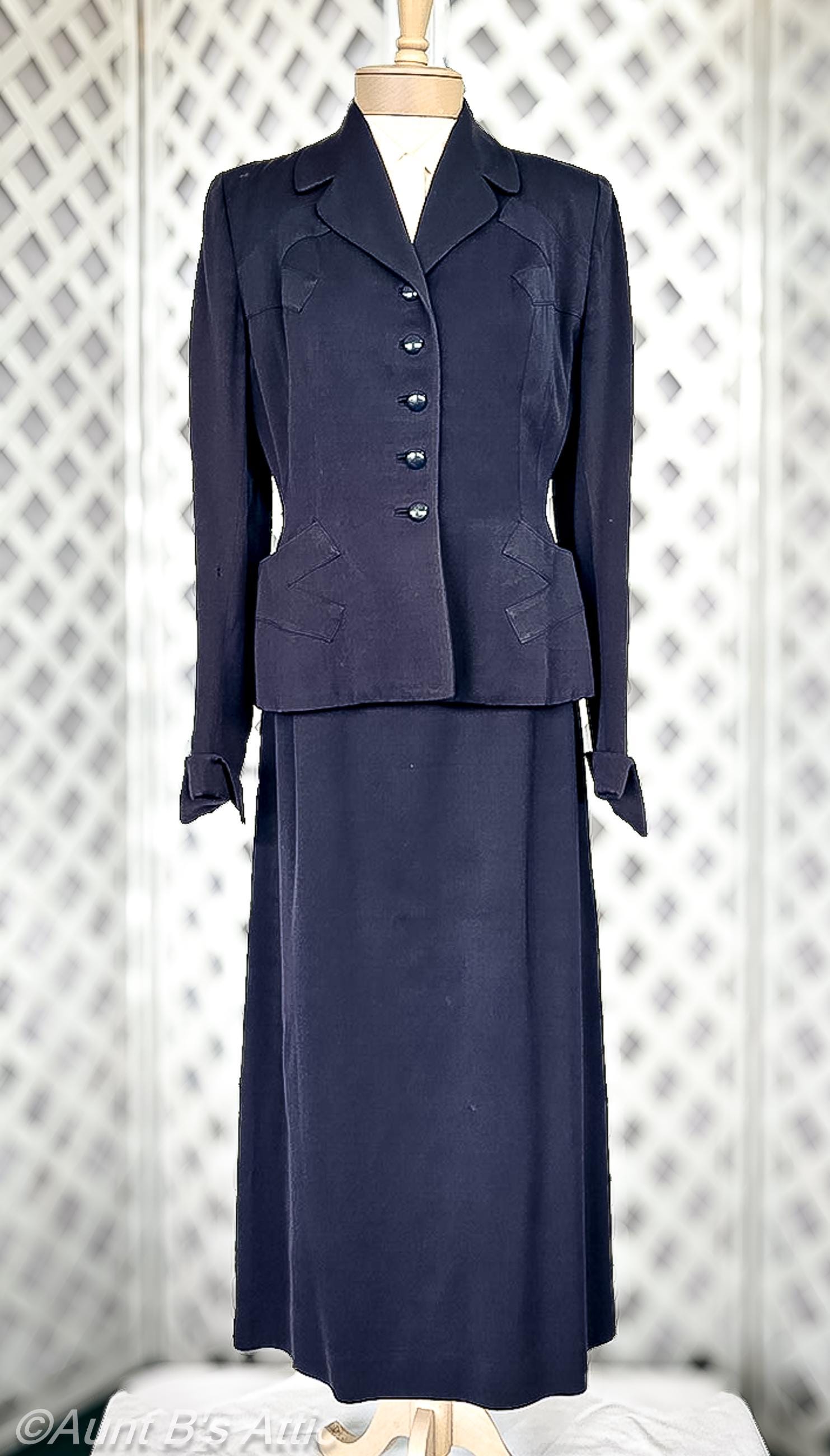 Vintage 40s Wool Gabardine Suit: Dark Blue Two-piece, Tailored Fit 
