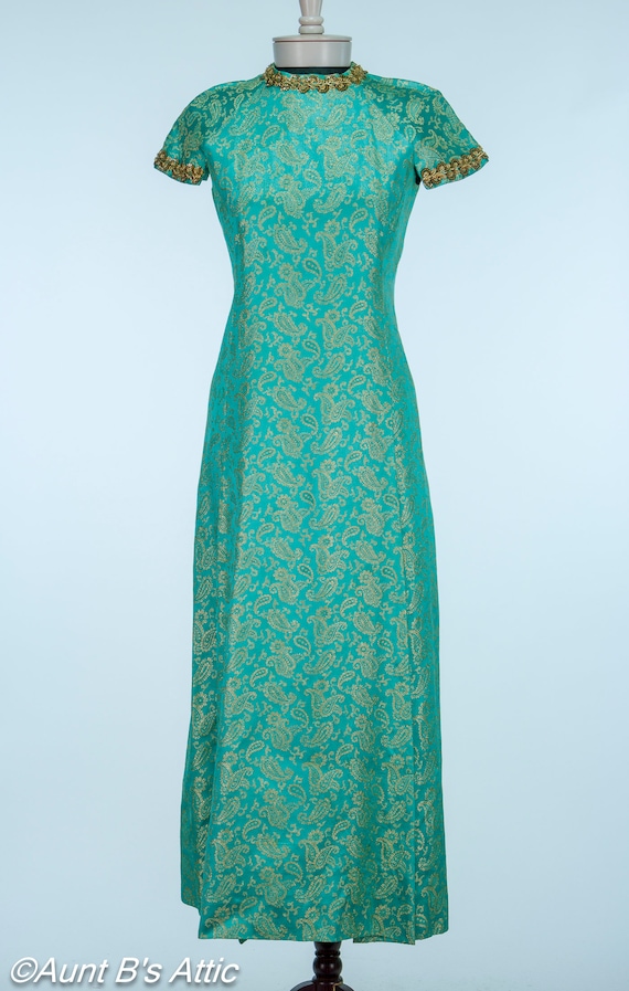 Beautiful Rare Vintage 60 s Aqua gold Paisley Print Asian Style