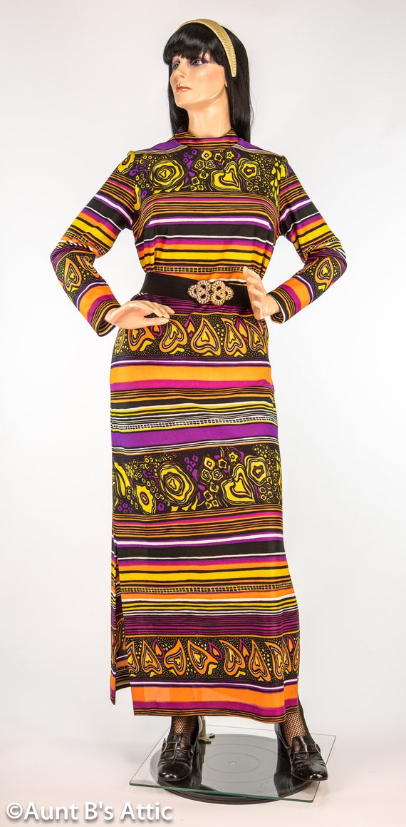 Funky Vintage 70s Maxi Dress Multi Color Stripe S… - image 1