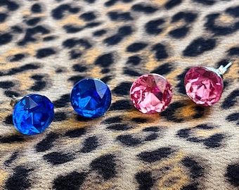 Vintage Blue and Pink Oversized Faux Diamond Stud Earrings