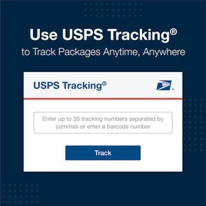 May include: A dark blue graphic interface for USPS Tracking with white text reading Use USPS Tracking to Track Packages Anytime, Anywhere. It features a white input box for tracking numbers and a dark blue button labeled Track.
