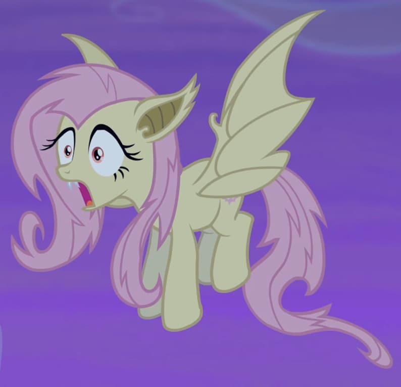 May include: A pink and yellow cartoon pony with large, bat-like wings, a wide-eyed expression, and a pink tail. The pony is flying against a purple background.