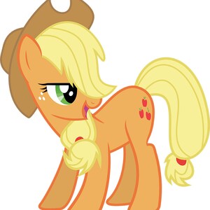 May include: A cartoon illustration of a yellow and orange pony with a brown cowboy hat. The pony has a green eye and a pink tongue sticking out. The pony has three red apples on its rear end.