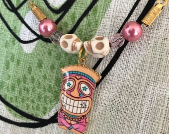Pink Tiki Guy with Skulls Necklace