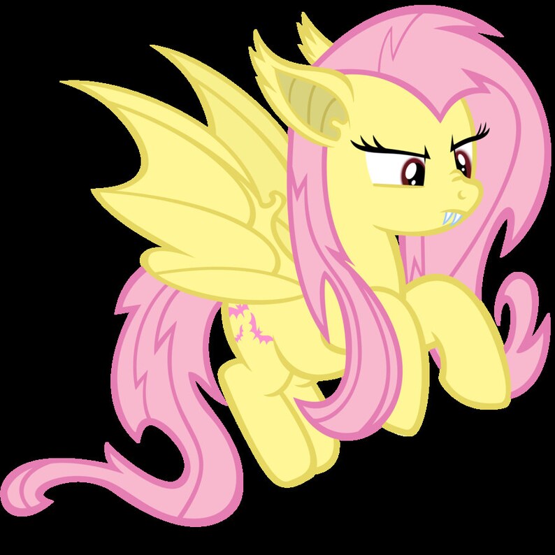 May include: A pink and yellow cartoon pony with bat wings and fangs. The pony has a pink mane and tail, and is flying with its wings spread.