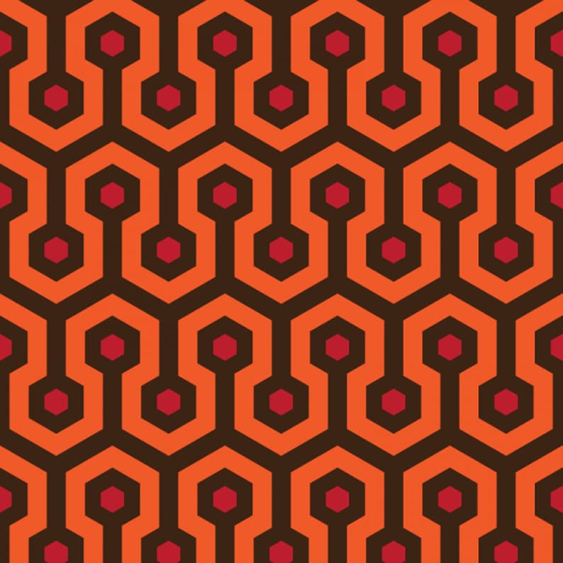 May include: A repeating pattern of orange and brown hexagons with red circles in the center of each hexagon. The pattern is a classic design often seen in vintage hotels and motels.