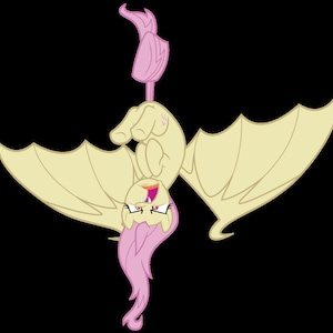 May include: A cartoon pony with pink hair and yellow wings is hanging upside down. The pony has a mischievous expression on its face.