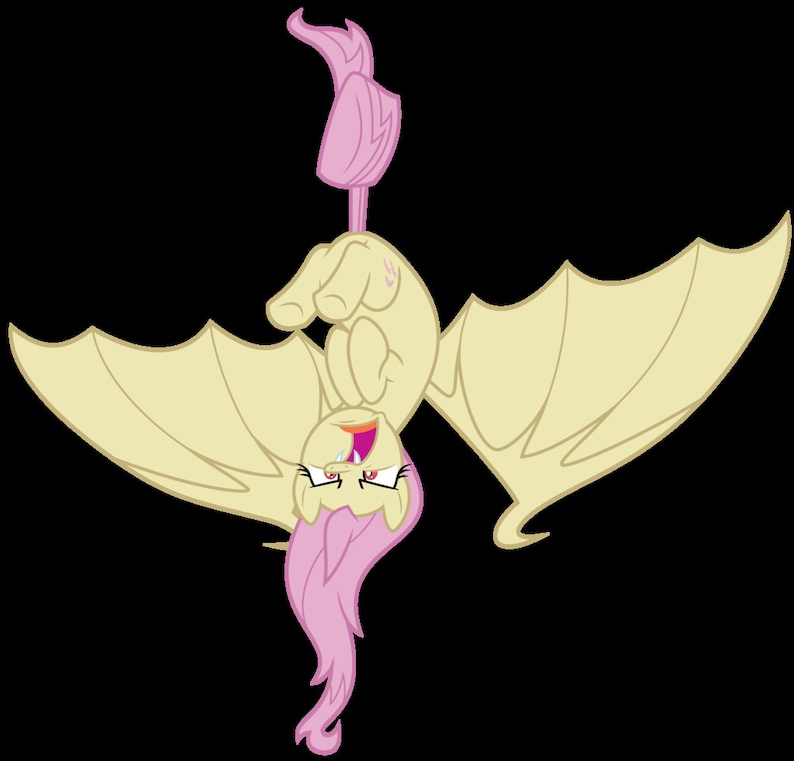 May include: A cartoon pony with pink hair and yellow wings is hanging upside down. The pony has a mischievous expression on its face.