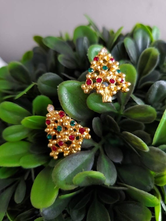 Vintage Rhinestone Christmas Tree Earrings - Holi… - image 4