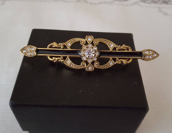 Vintage Rhinestone Heart Brooch - Bar Brooch - Bl… - image 2