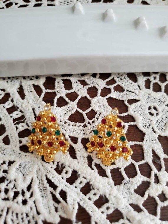 Vintage Rhinestone Christmas Tree Earrings - Holi… - image 6