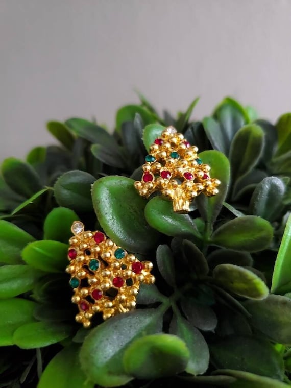 Vintage Rhinestone Christmas Tree Earrings - Holi… - image 1