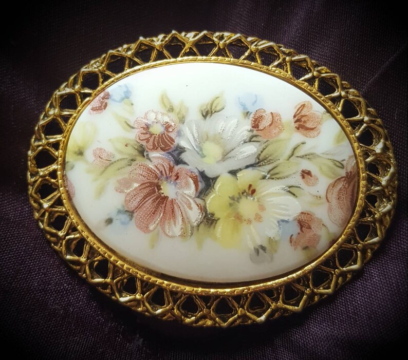 Vintage Porcelain Brooch Floral Pin Costume Jewelry Etsy