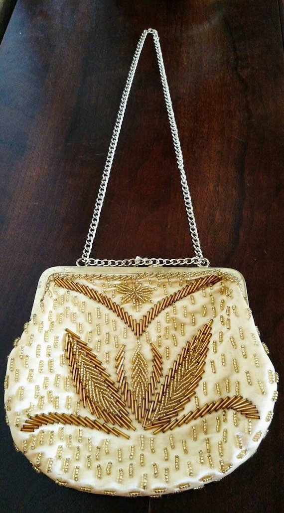 Vintage Beaded Purse - Evening Shoulder Bag - Gold