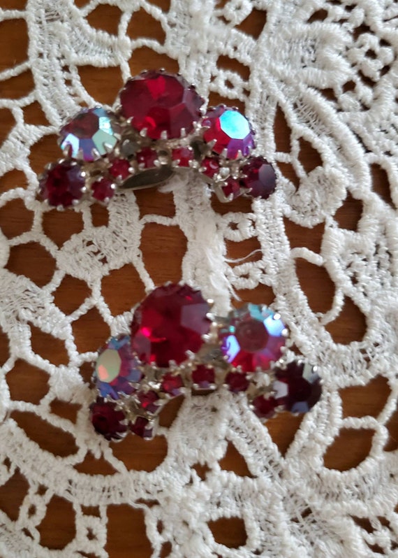 Vintage Rhinestone Earrings - Ruby Red Rhinestone… - image 2