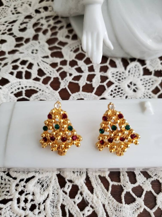 Vintage Rhinestone Christmas Tree Earrings - Holi… - image 2