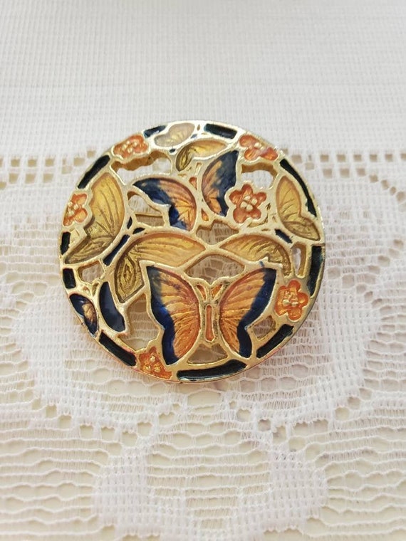 Vintage Cloisonne Brooch - Butterfly Pin - Green a