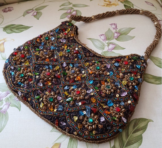 Vintage Purse - Beaded Purse - Gemstone Purse - Rh