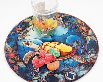 Cutting board featuring sea turtle in faux stained glass fashion.