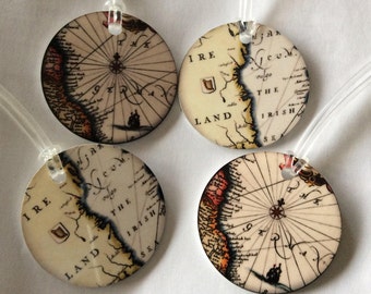 Set of 4 antique map luggage tags