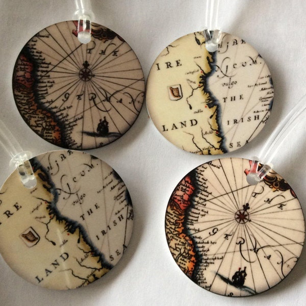 Set of 4 antique map luggage tags