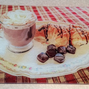 Hot Chocolate, Candy, Crossiants, Glass Cutting Board